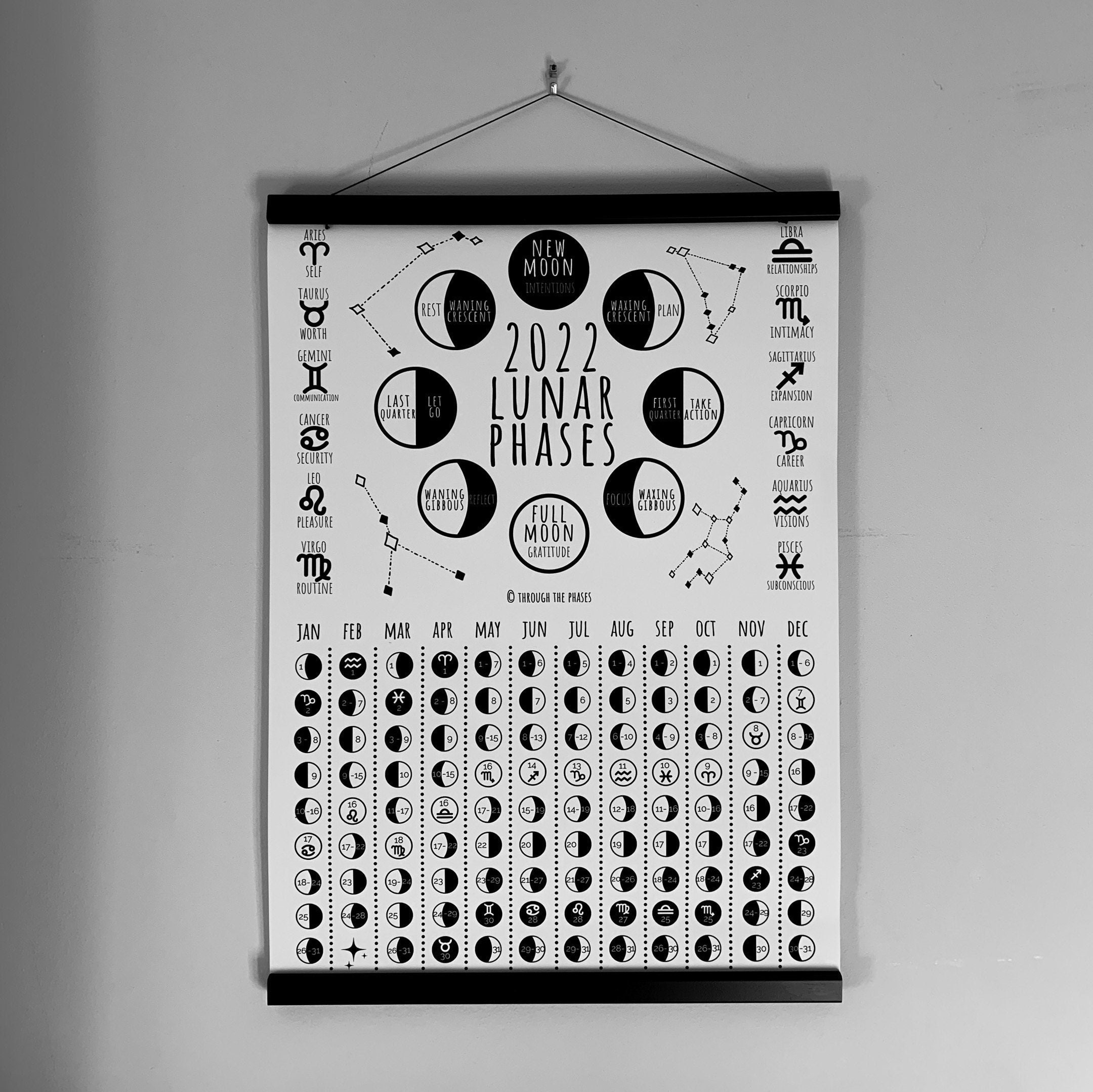2022 Lunar Calendar With Zodiac Signs Moon Wall Calendar Etsy