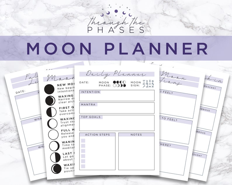 Pode incluir: Um planejador lunar imprim&iacute;vel com um esquema de cores roxo e branco. O planejador inclui se&ccedil;&otilde;es para inten&ccedil;&otilde;es di&aacute;rias, objetivos, etapas de a&ccedil;&atilde;o e notas. O planejador tamb&eacute;m inclui uma se&ccedil;&atilde;o para acompanhar as fases da lua.