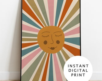 Retro Sunburst Wall Print Digital. Boho sunshine poster, colourful maximalist home, funky abstract decor, vibrant 70s art print