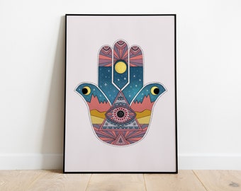 Hamsa Hand Evil Eye Print. Empath protection from evil, hamsa wall art, positive energy gifts, spiritual aura home decor