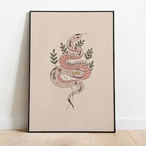 Arte botânica da parede da cobra. Impressão suave em rosa e verde, impressão de arte de sala de estar, impressões de parede de galeria, decoração de casa terrosa
