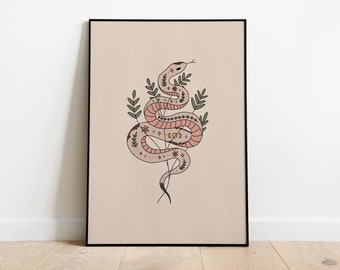 Botanical Snake Wall Art. Soothing pink and green print, living room art print, gallery wall prints, earthy home decor