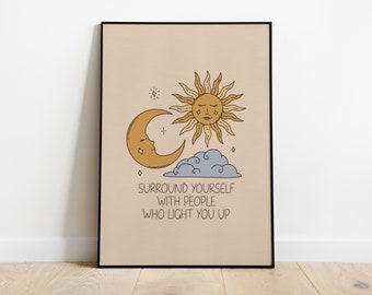 Sonne und Mond spirituelle Wandkunst. Boho Print, Zen Hexe Print, Wohnzimmer Poster, Himmelskörper