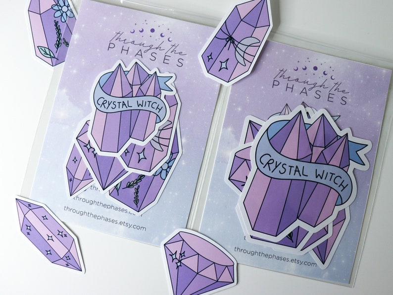 Crystal Witch Sticker Pack Pink crystal stickers, purple witchy stickers pack, pastel witch stickers, spiritual stickers pack image 1