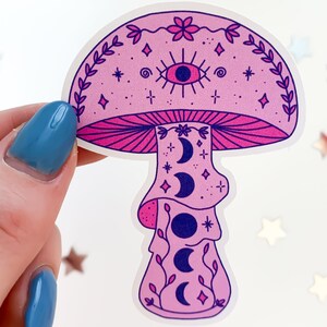 Pink Moon Mushroom Sticker hippie toadstool, cottagecore stickers, cute witch sticker, trendy waterbottle stickers, magic mushrooms image 1