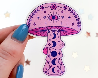 Pink Moon Mushroom Sticker - hippie toadstool, cottagecore stickers, cute witch sticker, trendy waterbottle stickers, magic mushrooms