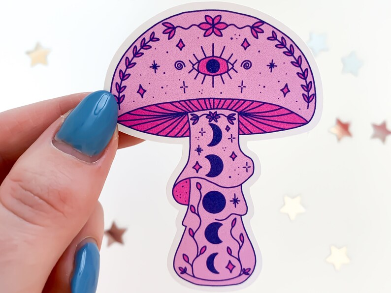 Pink Moon Mushroom Sticker hippie toadstool, cottagecore stickers, cute witch sticker, trendy waterbottle stickers, magic mushrooms image 1