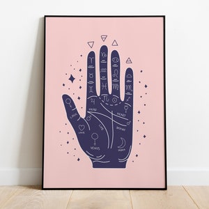 Stampa a mano rosa chiromanzia A4. Stampa d'arte Boho, arredamento da cartomante per lettori di palme, arte da parete per streghe per principianti, cose da strega
