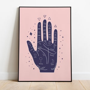 Palmistry Hand Print. Boho art print, palm reader fortune teller decor, beginner witch art print, witchy things image 1