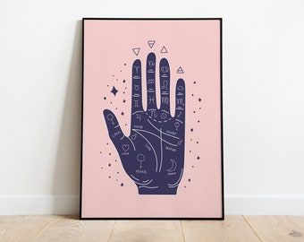 Impresión de mano de quiromancia rosa A4. Lámina artística bohemia, decoración para quiromancia, arte mural de brujas principiantes, artículos de brujería.