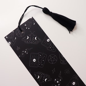 Black Witchy Tarot Bookmark with Tassel - crystal witch bookmark, gothic occult stationery, unique handmade gifts for witches