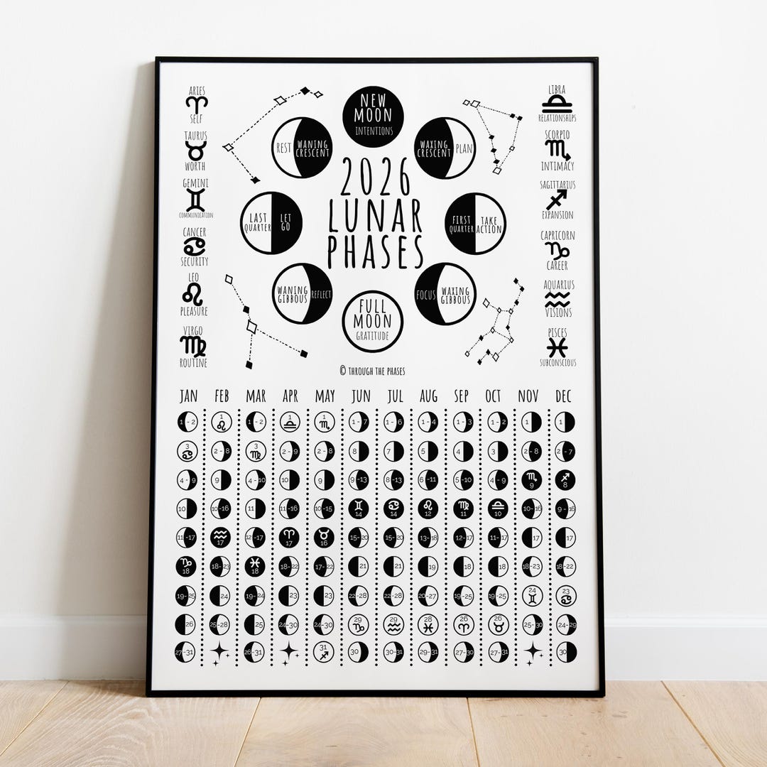2026 Lunar Calendar Print: Full + New Moon Phases Poster, Witchy ...