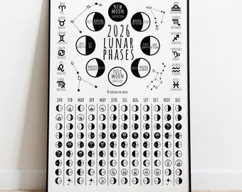 2026 Lunar Calendar Print: Full + New Moon Phases Poster, Witchy Celestial Wall Art, New Year Gift for Her, Astrology Decor