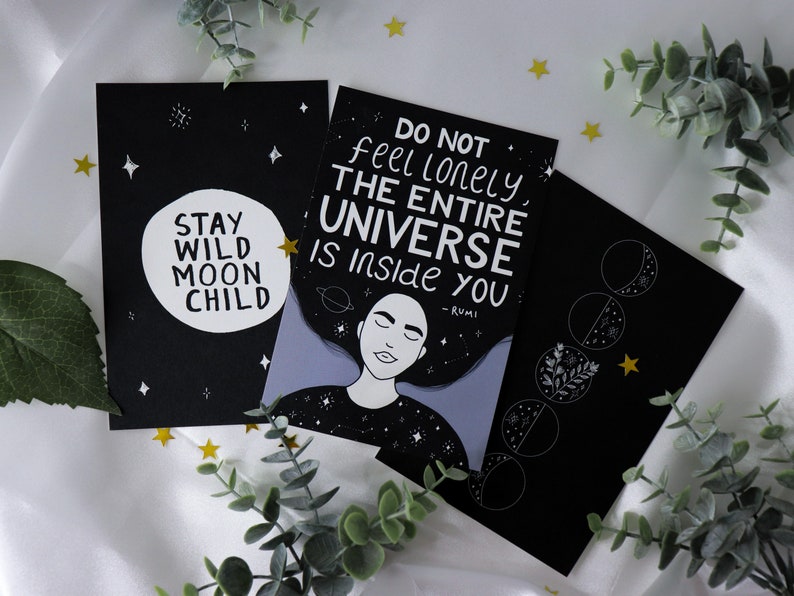 Space Postcard Pack of 3 Prints 4x6 postcard moon, rumi quote uplifting print, stay wild moon child witch postcard, moon phase wall art image 2