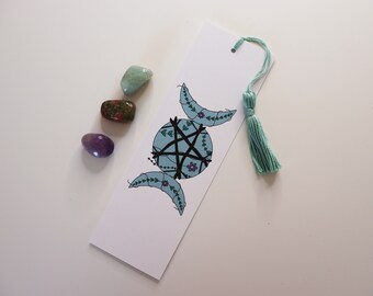 Triple Moon Bookmark with Tassel - blue, green and white witch bookmark, cute witchy bookmarks, pagan stationery, handmade bookish gifts
