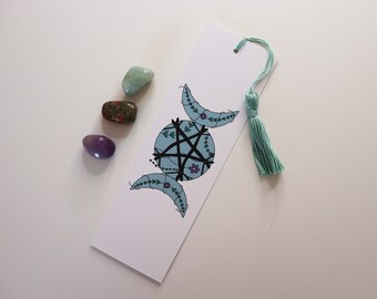 White and Blue Triple Moon Phase Bookmark with Tassel - cute witchy bookmarks, witch stationery, handmade bookish gifts