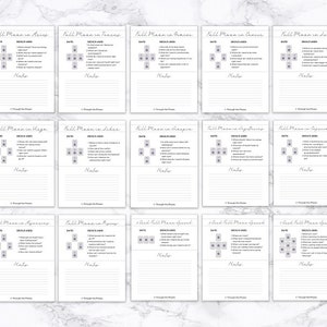 May include: A printable worksheet with a grid of tarot cards for a full moon spread. The worksheet is designed for each of the 12 zodiac signs, including Aries, Taurus, Gemini, Cancer, Leo, Virgo, Libra, Scorpio, Sagittarius, Capricorn, Aquarius, and Pisces. The worksheet includes a space for the date, the results of the spread, and notes.