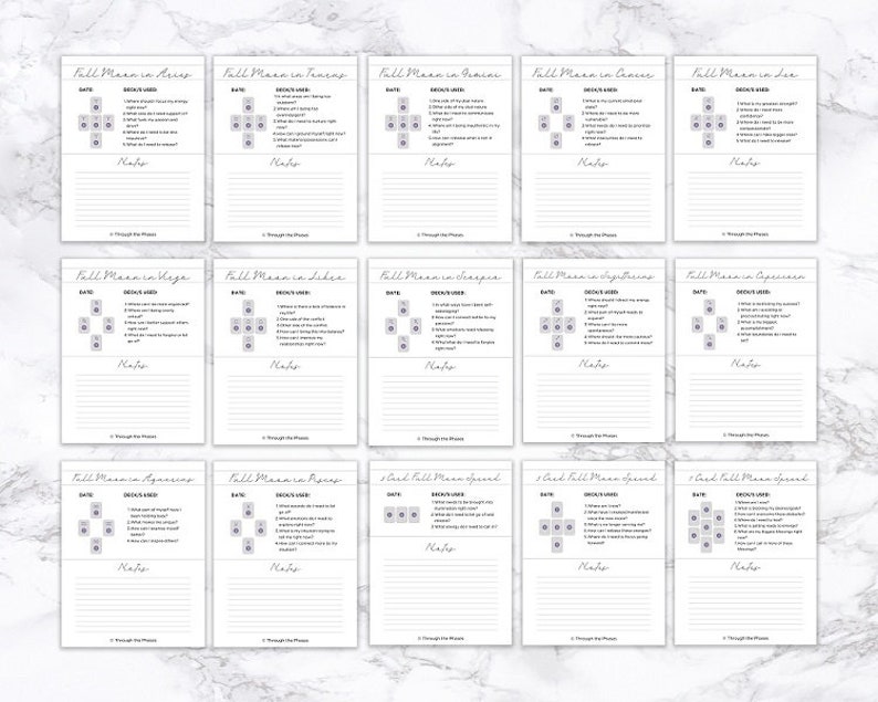 May include: A printable worksheet with a grid of tarot cards for a full moon spread. The worksheet is designed for each of the 12 zodiac signs, including Aries, Taurus, Gemini, Cancer, Leo, Virgo, Libra, Scorpio, Sagittarius, Capricorn, Aquarius, and Pisces. The worksheet includes a space for the date, the results of the spread, and notes.