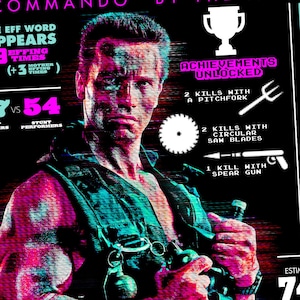Puede incluir: Un póster colorido con un gráfico de Arnold Schwarzenegger de la película Commando. El póster presenta el título "I Lied" y el texto "Commando by the Number". El póster también incluye un recuento de muertes de la película, con un total de 74-108 muertes. El póster es una parodia de la película Commando y es una forma divertida y única de celebrar la película.