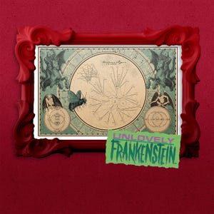 May include: A framed print with a vintage map design, featuring celestial illustrations and the text "Unlovely Frankenstein." The frame is a deep red, ornate style, and the print has a distressed, aged appearance. The overall aesthetic is gothic and vintage.