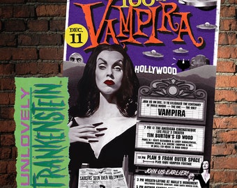 May include: A purple and white poster advertising a 100th birthday celebration for Vampira, a horror hostess. The poster features a black and white photo of Vampira, a woman with dark hair and red lipstick. The poster also includes the text "Happy 100th Vampira" and "Dec. 11".