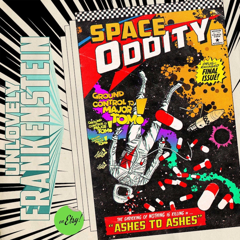 Pode incluir: Uma capa de banda desenhada vintage com um tema espacial retro. A capa apresenta uma ilustra&ccedil;&atilde;o colorida de um astronauta a flutuar no espa&ccedil;o, rodeado de p&iacute;lulas. O t&iacute;tulo da banda desenhada &eacute; "Space Oddity" e o slogan &eacute; "Ground Control to Major Tom!" A banda desenhada &eacute; intitulada "Ashes to Ashes".