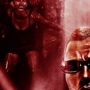 May include: A close-up of a man's face wearing sunglasses. The image is in red tones and has a grainy texture.