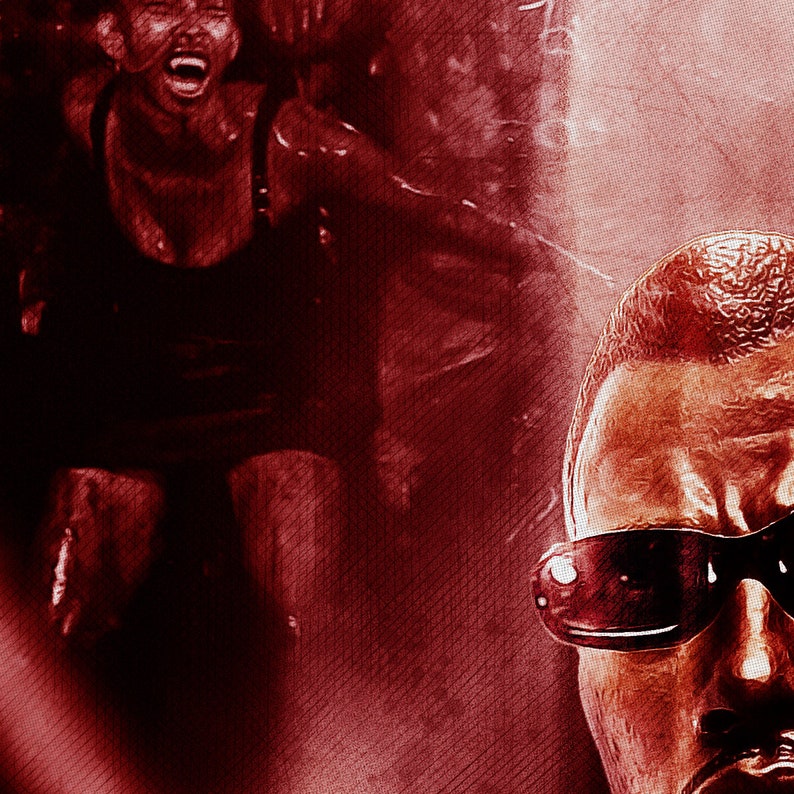 May include: A close-up of a man's face wearing sunglasses. The image is in red tones and has a grainy texture.