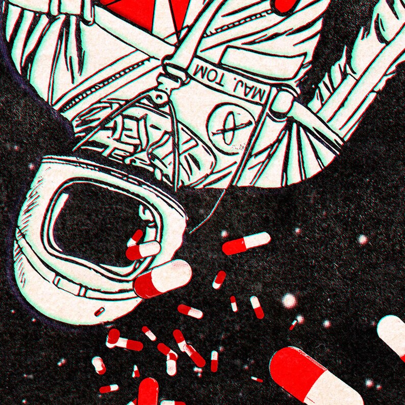 Pode incluir: Uma ilustra&ccedil;&atilde;o em preto e branco de um astronauta flutuando no espa&ccedil;o com um capacete e p&iacute;lulas vermelhas e brancas caindo do capacete. O astronauta est&aacute; vestindo um traje espacial com o texto "MAI TOM" nele.