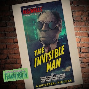 May include: A vintage movie poster for the film "The Invisible Man" featuring a man with his face wrapped in bandages and wearing goggles. The poster is yellowed and has a faded look. The text on the poster reads "The Invisible Man" with the words "UNLOVELY FRANKENSTEIN" in a smaller font at the bottom left corner. The poster also includes the text "A Universal Picture" at the bottom right corner.