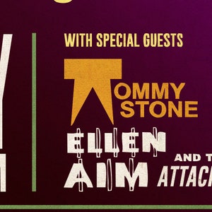K&ouml;nnte beinhalten: Ein Konzertplakat mit einem gelben Stern und dem Text "WITH SPECIAL GUESTS TOMMY STONE ELLEN AIM AND THE ATTACK"