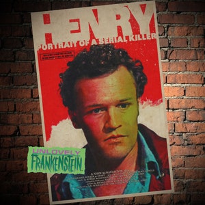 May include: A vintage movie poster with a red background and white text. The poster is for a film called "Henry: Portrait of a Serial Killer". The poster features a man with short brown hair and a serious expression. The text on the poster reads "This is not a film for children. No one under 17 will be admitted."