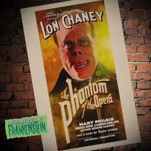 May include: A vintage movie poster for the film "The Phantom of the Opera" starring Lon Chaney. The poster features a close-up of Lon Chaney's face as the Phantom, with a dramatic, theatrical design.