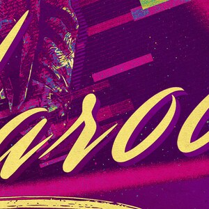 K&ouml;nnte beinhalten: Ein Retro-Grafikdesign mit einem violetten Hintergrund und gelbem Text, der "AERO" lautet.
