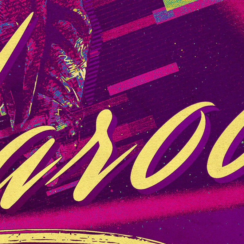 K&ouml;nnte beinhalten: Ein Retro-Grafikdesign mit einem violetten Hintergrund und gelbem Text, der "AERO" lautet.
