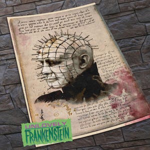 May include: A distressed print depicting a character with pins on their head, set against a backdrop of aged paper with handwritten script and red stains. The print features the text "UNLOVELY FRANKENSTEIN" in a green banner, evoking a horror theme.