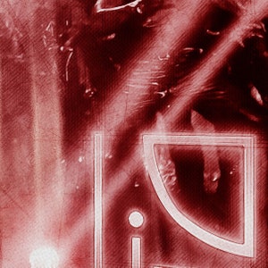 May include: An abstract image in red and white with a white outline of a rectangle and a curved shape. The image has a textured, grainy appearance.
