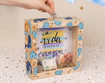 クジラアドベンチャーファンド、カスタムシャドーボックス貯金箱、手作り旅行ギフト、手描き木製クジラ貯金箱、旅行ギフト