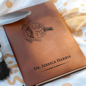 May include: A brown leather journal featuring an engraved eye diagram and the name "DR. JESSICA HARRIS" beneath it. A feather rests on the top left corner. The journal is on a patterned surface.