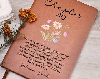 May include: A brown leather journal with the words "Chapter 40" in script. The journal features a floral design and inspirational text. A brown ribbon bookmark is visible. The text includes the name "Julianne Smith".
