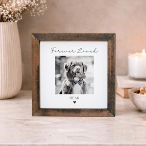 Puede incluir: Marco de fotos cuadrado de madera con una imagen en blanco y negro de un perro. La foto tiene las palabras "Forever Loved" en la parte superior y el nombre del perro, "BEAR", en la parte inferior, con un s&iacute;mbolo de coraz&oacute;n. El perro est&aacute; sosteniendo algo en su boca.