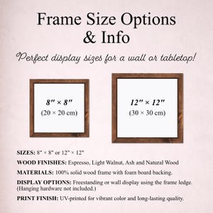 Puede incluir: Imagen que muestra dos obras de arte enmarcadas con el texto "Frame Size Options & Info". Los marcos son cuadrados, uno de 20 x 20 cm y el otro de 30 x 30 cm. El texto proporciona detalles sobre tama&ntilde;os, acabados de madera, materiales, opciones de visualizaci&oacute;n y acabado de impresi&oacute;n.