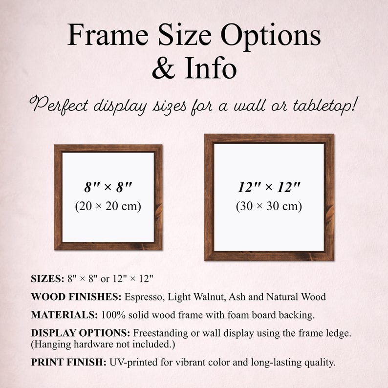 Puede incluir: Imagen que muestra dos obras de arte enmarcadas con el texto "Frame Size Options & Info". Los marcos son cuadrados, uno de 20 x 20 cm y el otro de 30 x 30 cm. El texto proporciona detalles sobre tama&ntilde;os, acabados de madera, materiales, opciones de visualizaci&oacute;n y acabado de impresi&oacute;n.