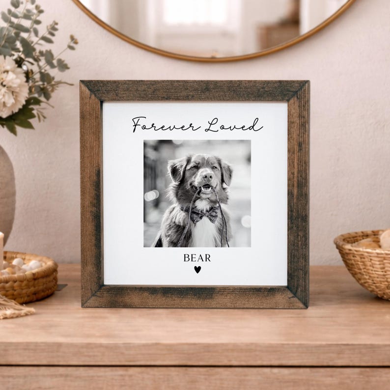 May include: A framed black and white photograph of a dog holding a bow tie in its mouth. The frame is made of dark wood. The words "Forever Loved" are above the photo, and the name "BEAR" is below the photo, with a heart symbol.