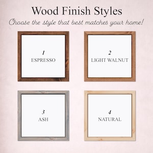 Puede incluir: Imagen que muestra cuatro estilos de acabado de madera: Espresso, Nogal Claro, Fresno y Natural. Cada estilo se presenta dentro de un marco cuadrado, con el nombre del acabado debajo. El texto "Wood Finish Styles" y "Choose the style that best matches your home!" est&aacute;n en la parte superior.