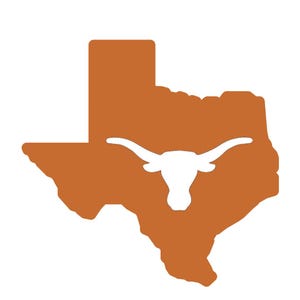 Op de afbeelding: Een oranje omtrek van de staat Texas met een wit longhorn-silhouet in het midden. De longhorn is een symbool van de Universiteit van Texas in Austin.