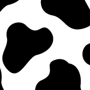 May include: A seamless pattern featuring large, irregular black shapes against a white background. The design resembles a cowhide pattern, with the black shapes varying in size and form, creating a bold, high-contrast visual.