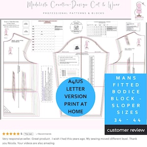Pode incluir: Um padrão de costura com o texto "Modeliste Creative-Design Cut & Wear" e "PROFESSIONAL PATTERNS & BLOCKS". Inclui diagramas para um molde base de corpete masculino, tamanhos 34-44. Projetado para papel A4/US, imprimir em casa.