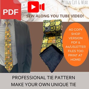 Puede incluir: Un patrón de corbata profesional con el texto "Make Your Own Unique Tie". La corbata tiene un patrón circular amarillo, negro y naranja. La imagen también incluye el texto "PDF" y "Sew Along You Tube Video!"