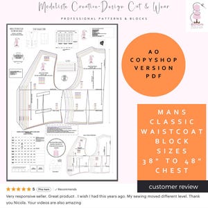 GILET ATTACCATO da uomo - Blocco base o Sloper - Misura torace 38" - 48" - Versione A0 Copyshop - Stampa da solo - Tagliatori di modelli professionali